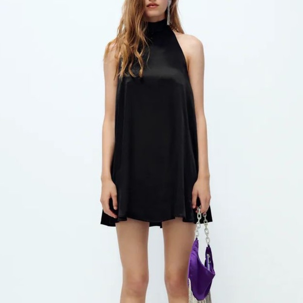 Zara black mini halter satin dress